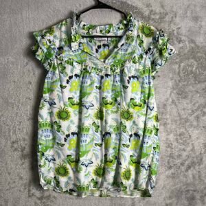 CK Bradley Silla Top Green Floral Preppy Resort Style Coastal Chic Cotton Large